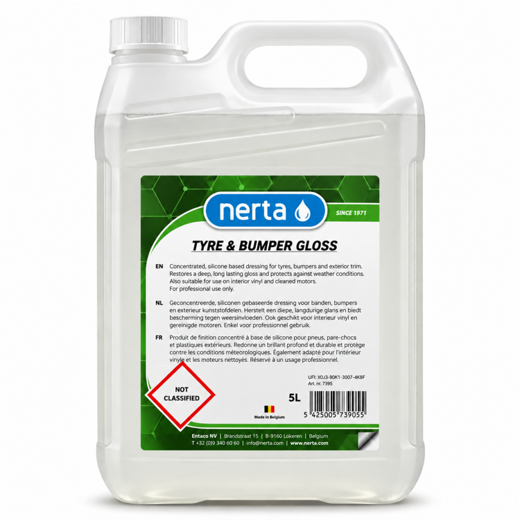 Nerta Tyre & Bumper Gloss restores deep shine to tyres and trim. Long-lasting, weather-resistant silicone dressing for professional vehicle care.