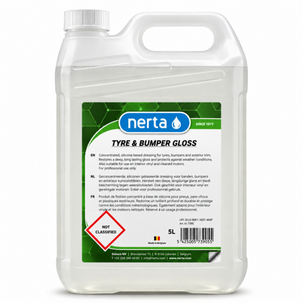 Nerta Tyre & Bumper Gloss restores deep shine to tyres and trim. Long-lasting, weather-resistant silicone dressing for professional vehicle care.