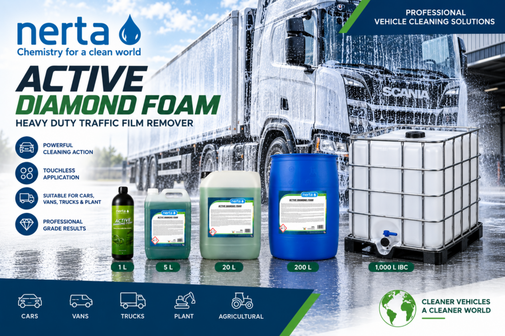 Nerta Active Diamond Foam range in 1L, 5L, 20L, 200L, and 1000L IBC sizes